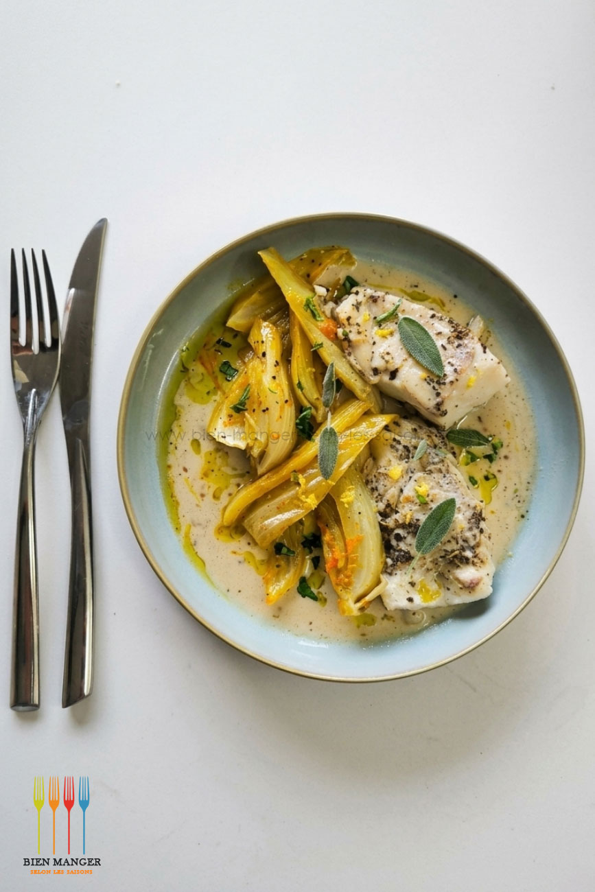 Cabillaud à la sauge, sauce à la cardamome et fenouil à l'orange