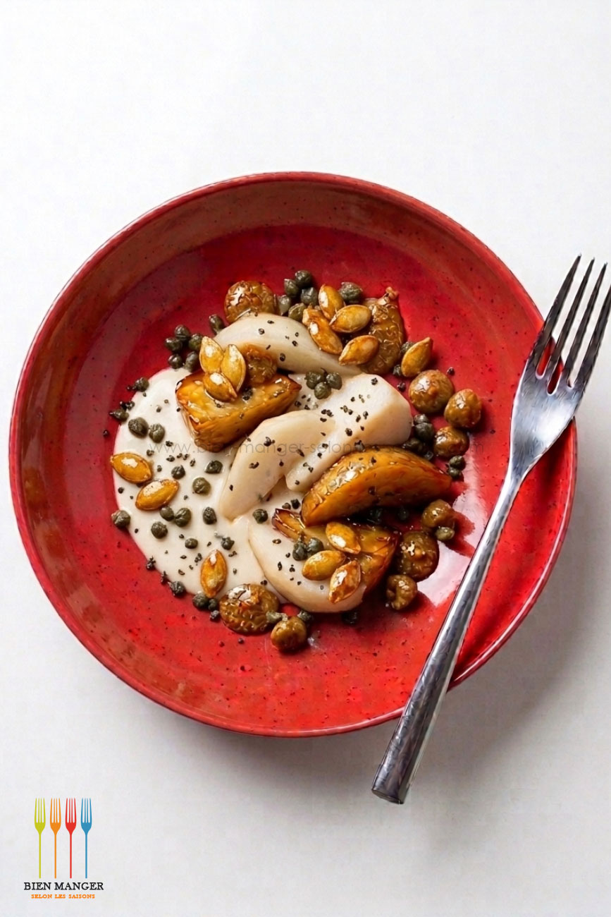 Chou rave et poire glacés, crème d'amande, praliné de graines de courges