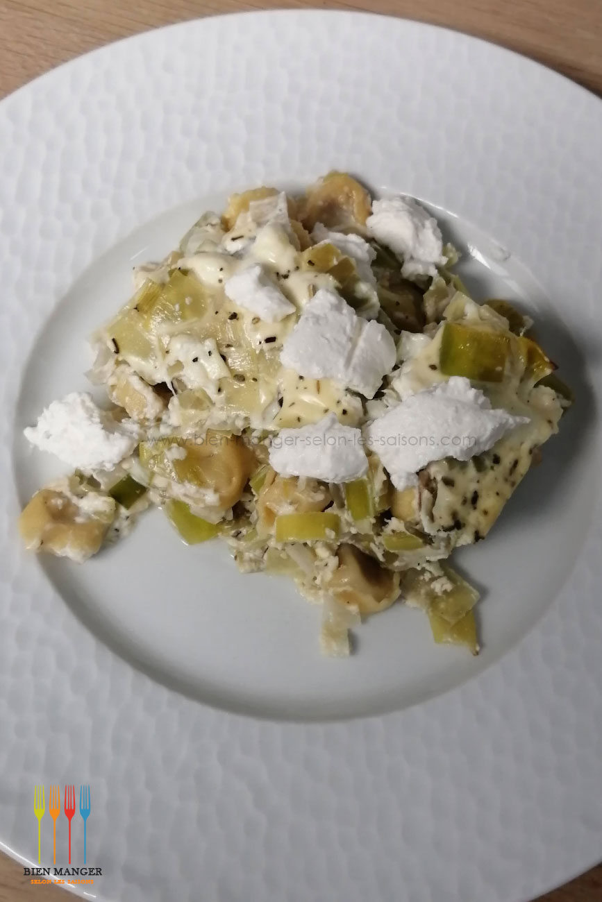 Gratin de ravioles, poireaux, sauge et ricotta