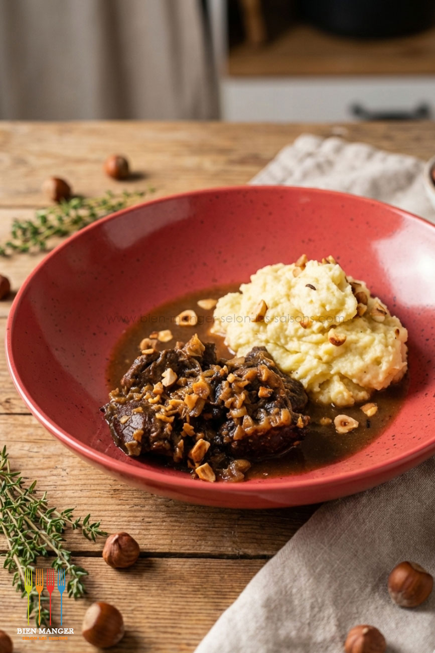 Joue de boeuf caramélisée, mousseline de panais et noisettes grillées