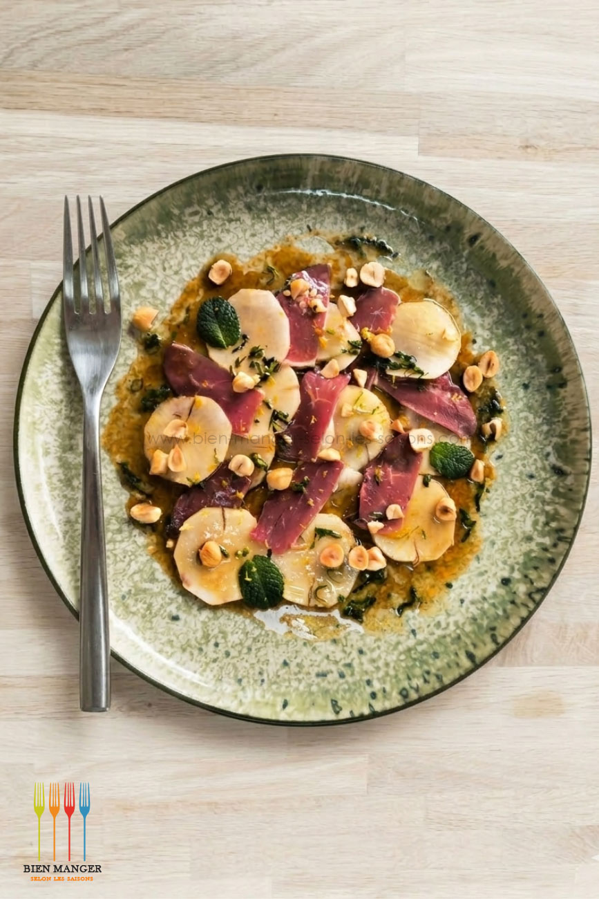 Salade gourmande topinambours, noisettes et magret de canard