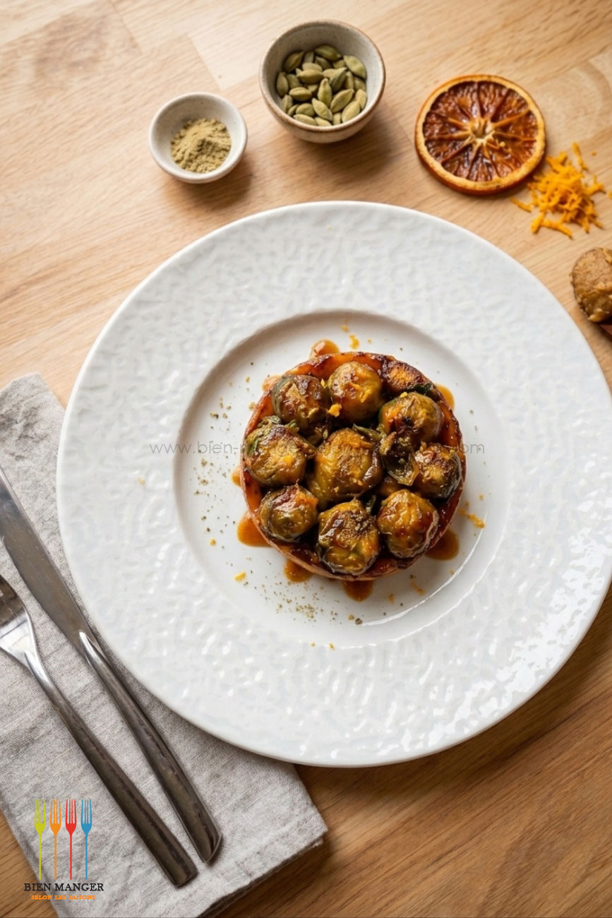Tarte tatin de choux Bruxelles, miso, orange et cardamome
